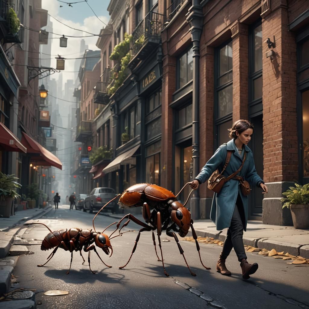 Woman Walks Giant Ant with Teddy Bear