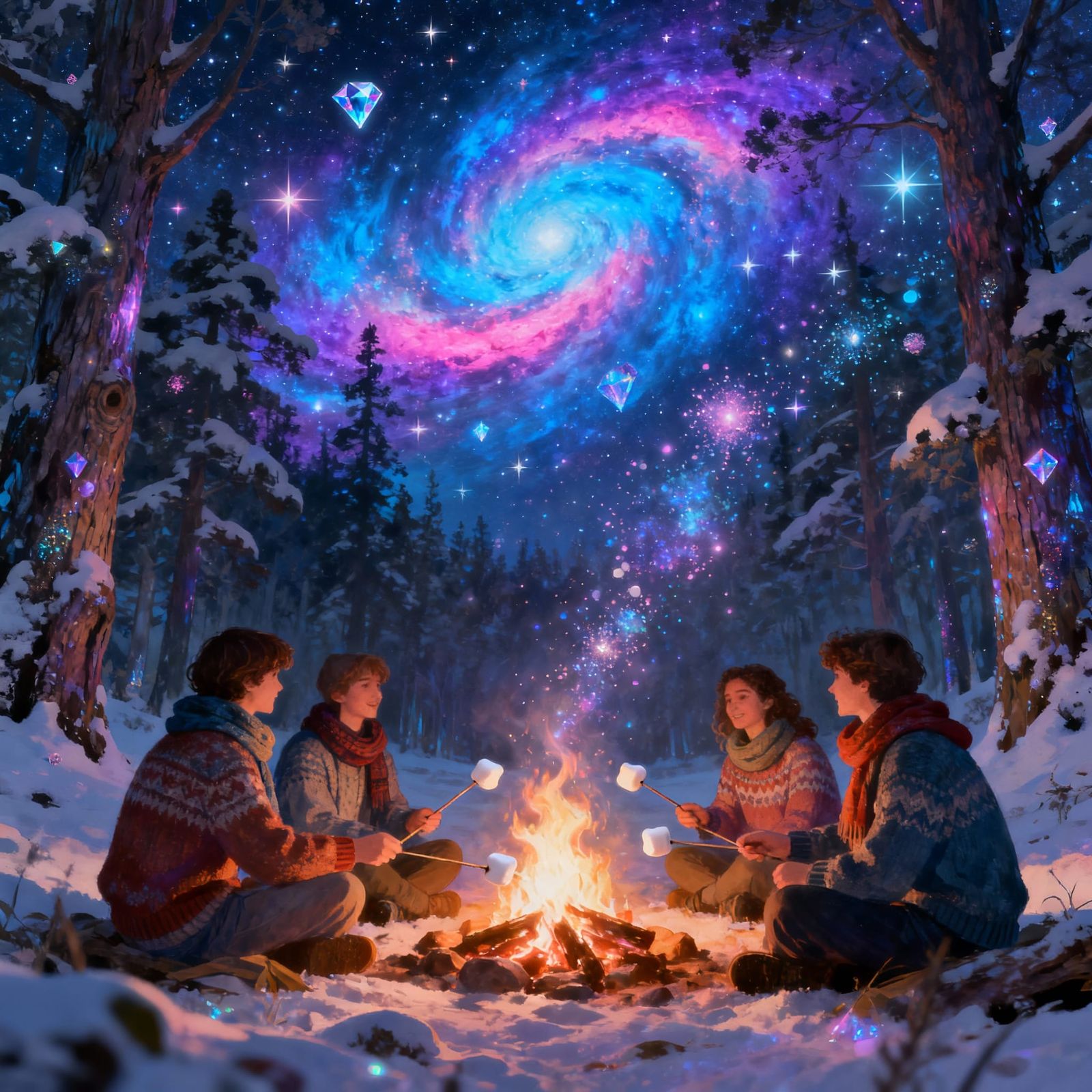 Friends Around Campfire Under Cosmic Galaxy Sky