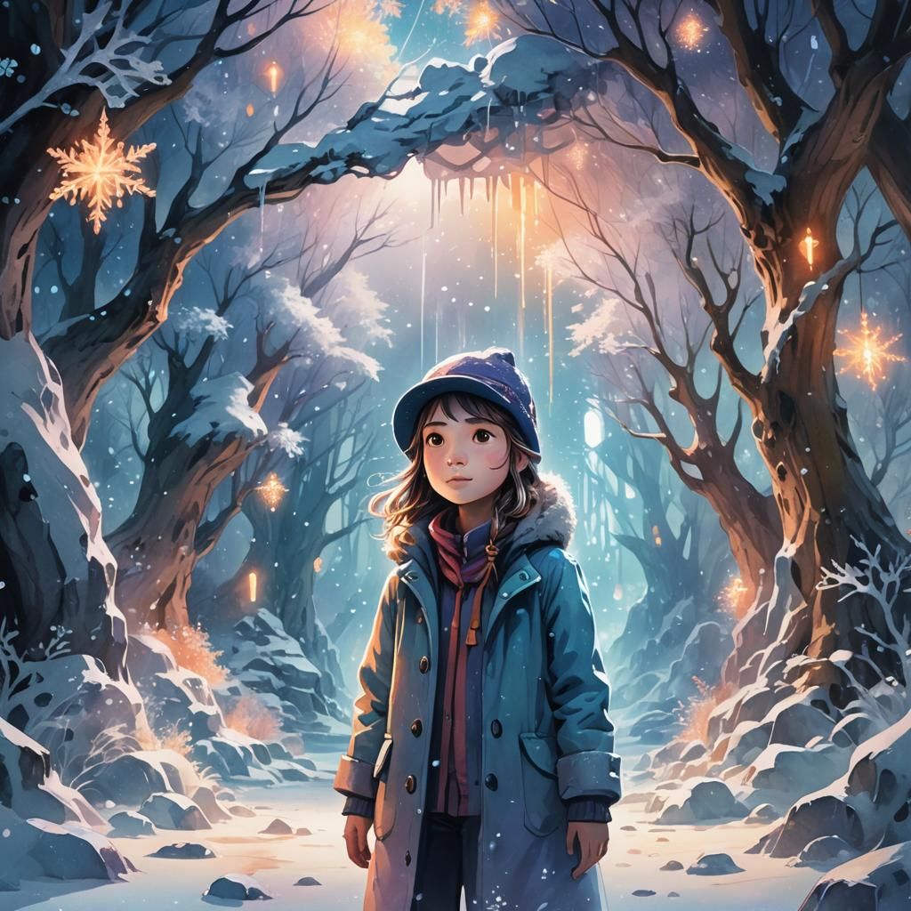 Icy Cave Fantasy Scene in Watercolor Style