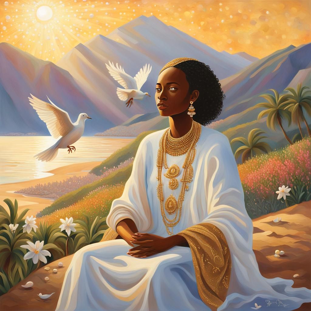 Ethiopian Woman with Dove at Sunrise: Digital Art
