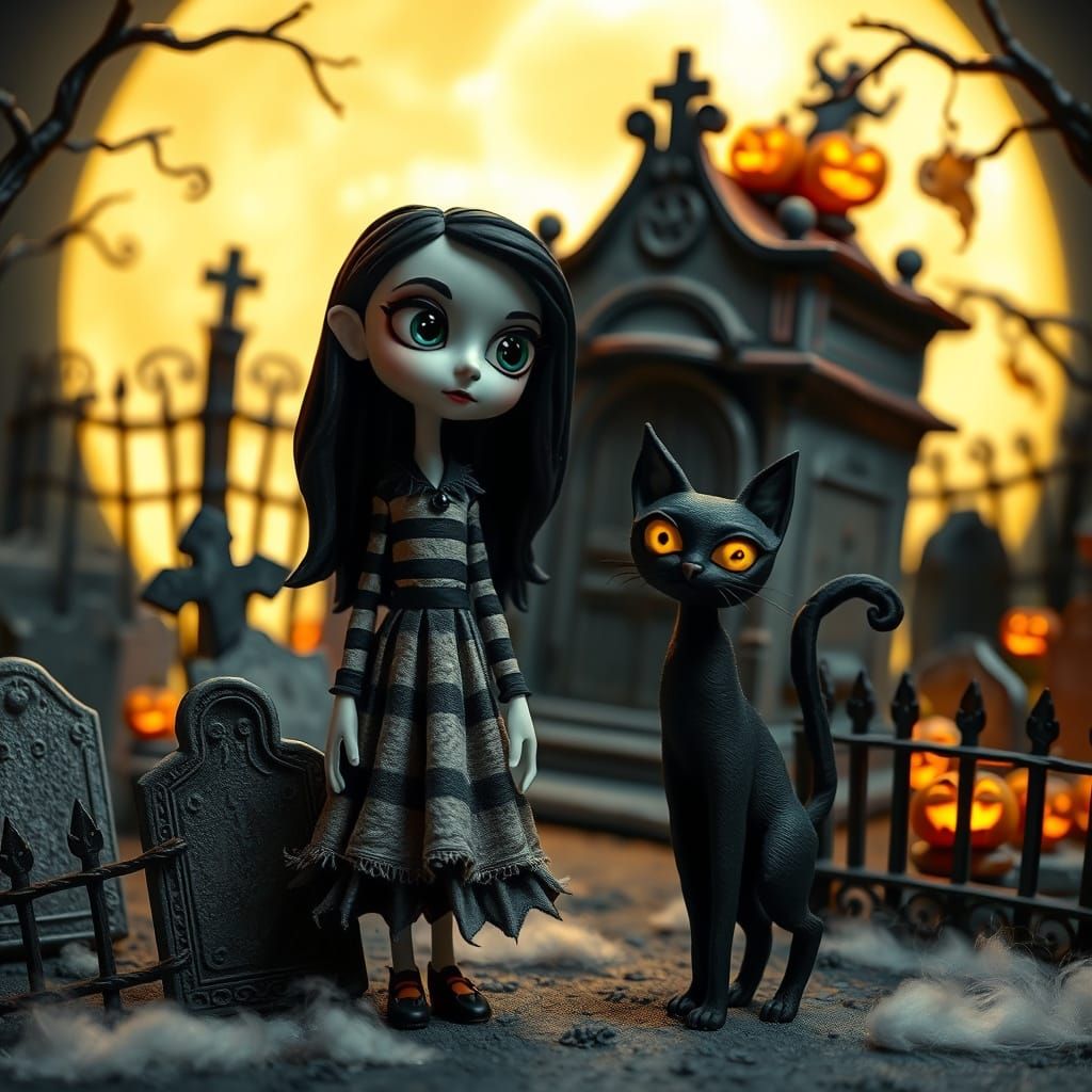 Claymation Girl & Cat in Moonlit Cemetery