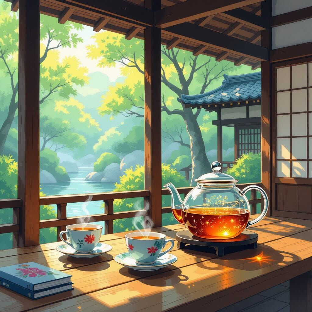Tranquil Japanese Teahouse with Hourglass Teapot