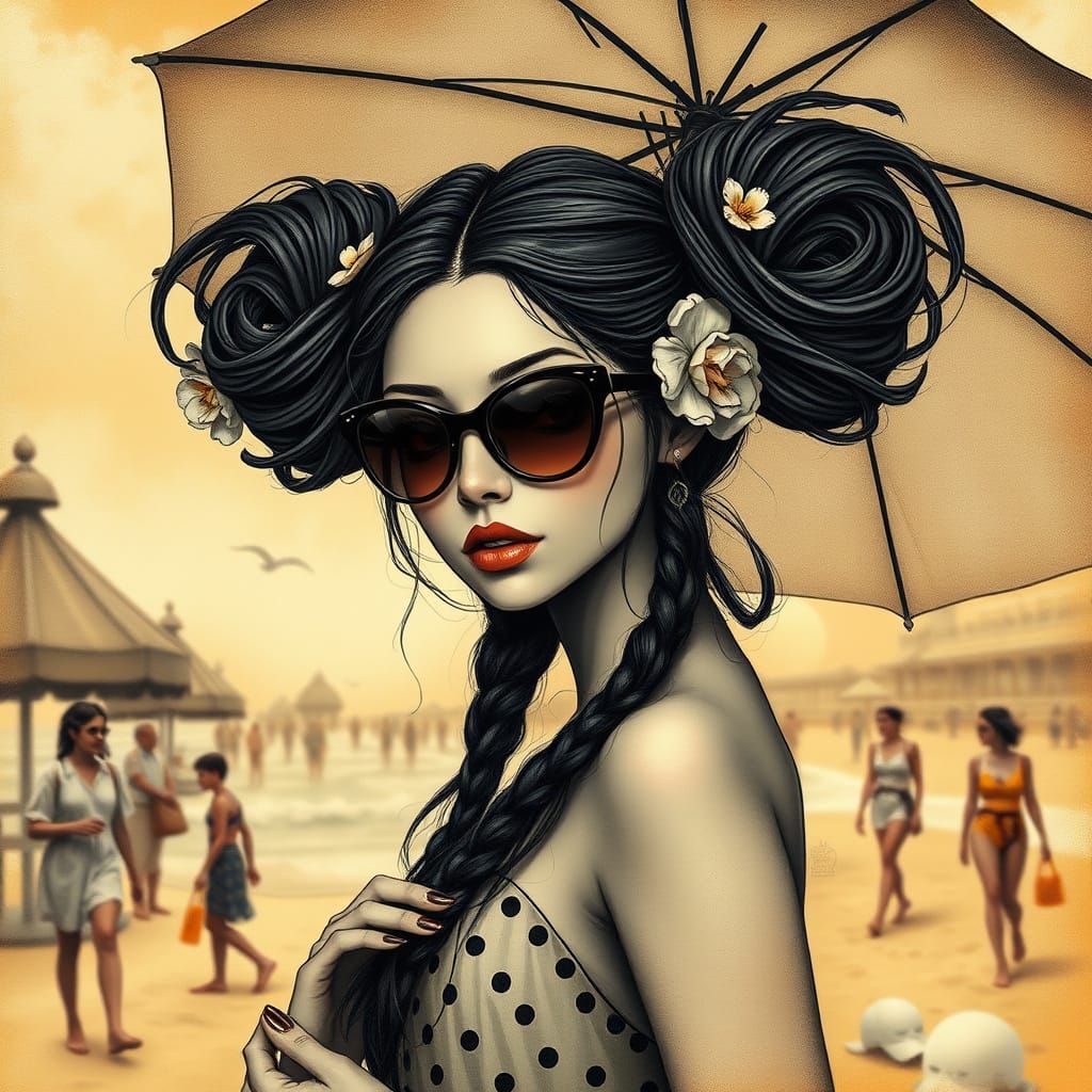 Ethereal Woman on Beach with Charcoal Style Umbrella