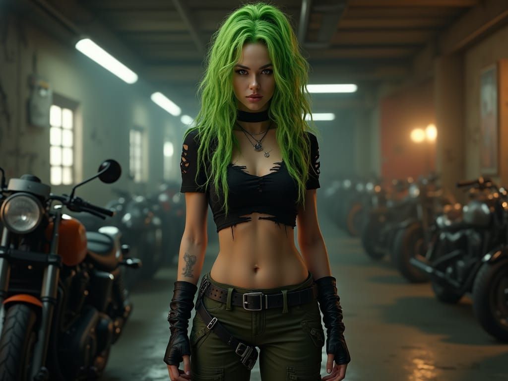 Fierce Biker Goddess in Neon Lit Garage