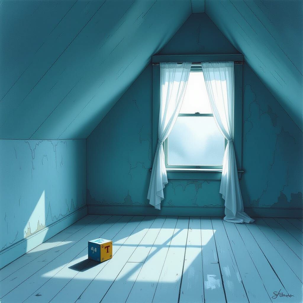 Melancholy Attic Room with Discarded Alphabet Block
