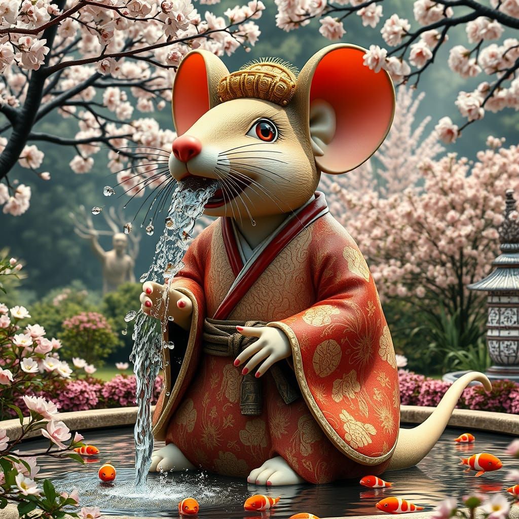 Geisha Mouse Fountain in Hyperrealistic Style