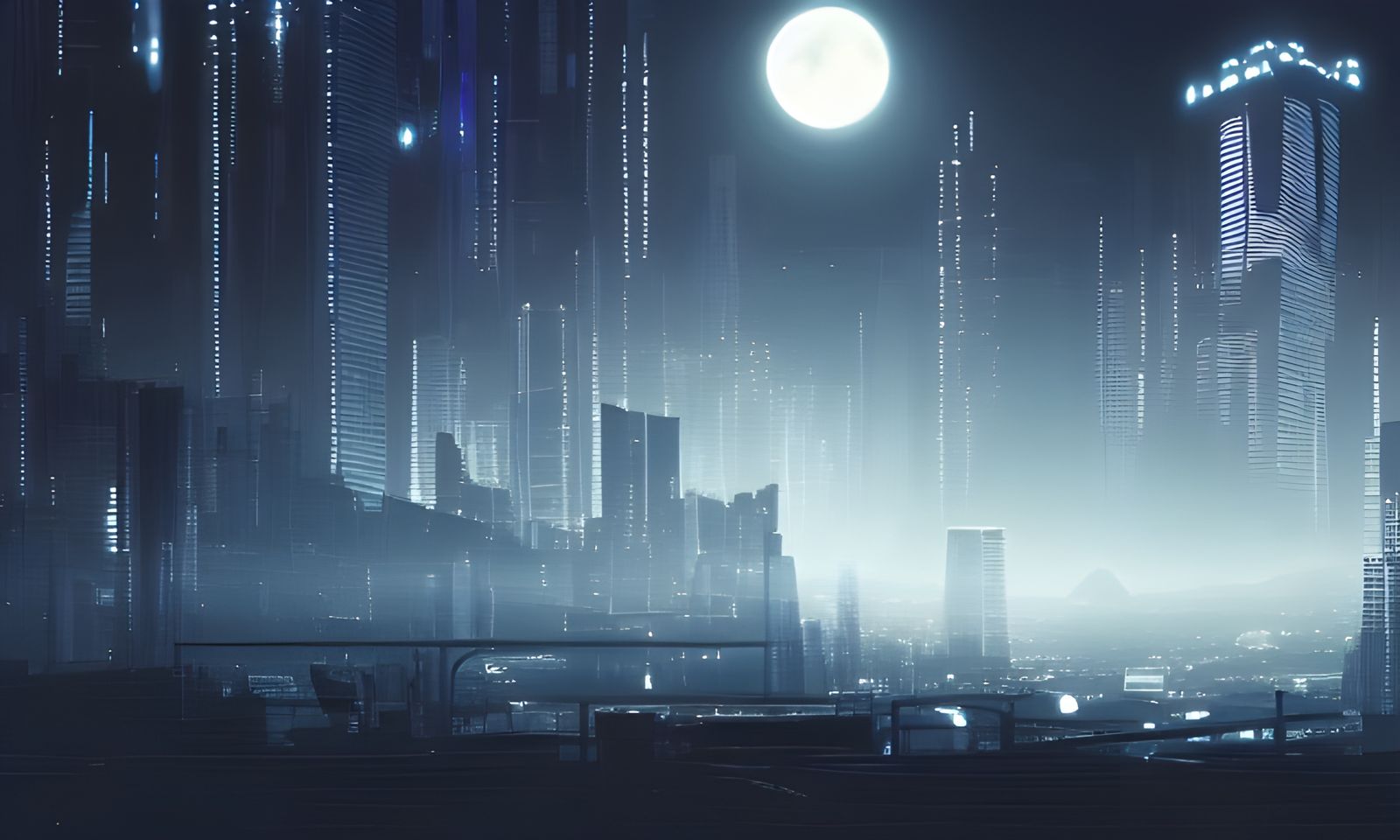 Cyberpunk Metropolis at Night in Monochromatic Concept Art