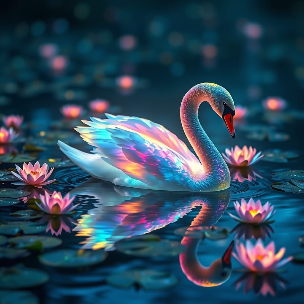 Bioluminescent Rainbow Swan in Dreamlike Lake