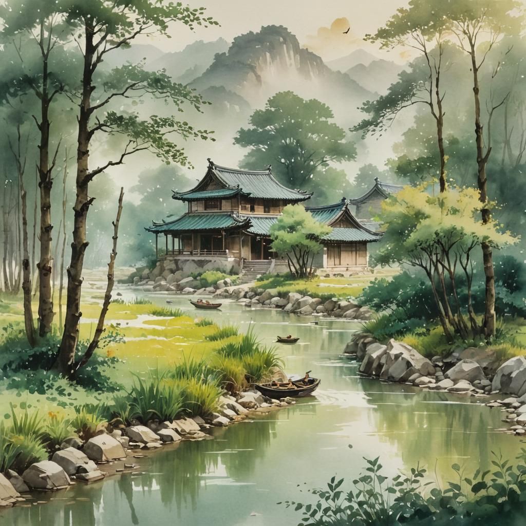 Serene Farmhouse in Valley: Ink Painting