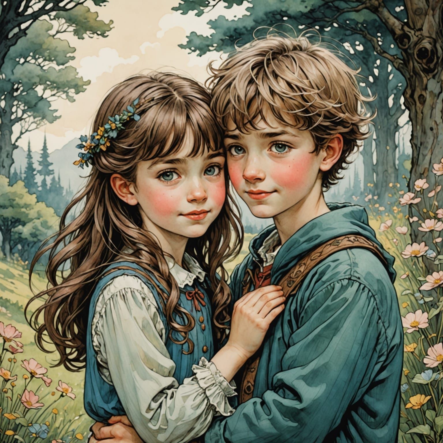 Shy Children in Colorful Anime Style, Arthur Rackham Inspire...
