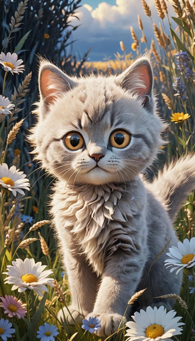 Cute Grey Kitty in Pixar Style Wheat Field