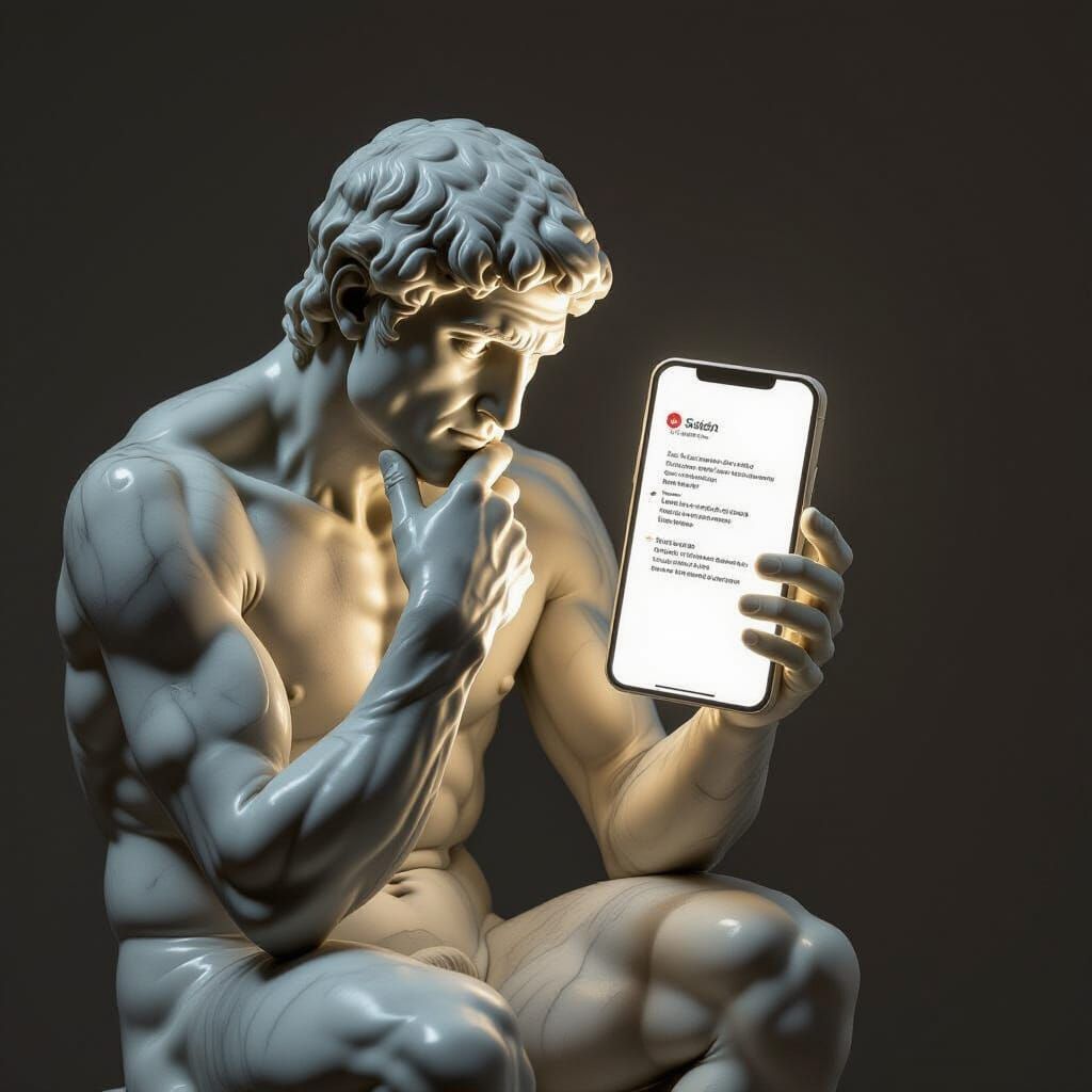 The Thinker Sculpture Contemplates Smartphone Anxiety