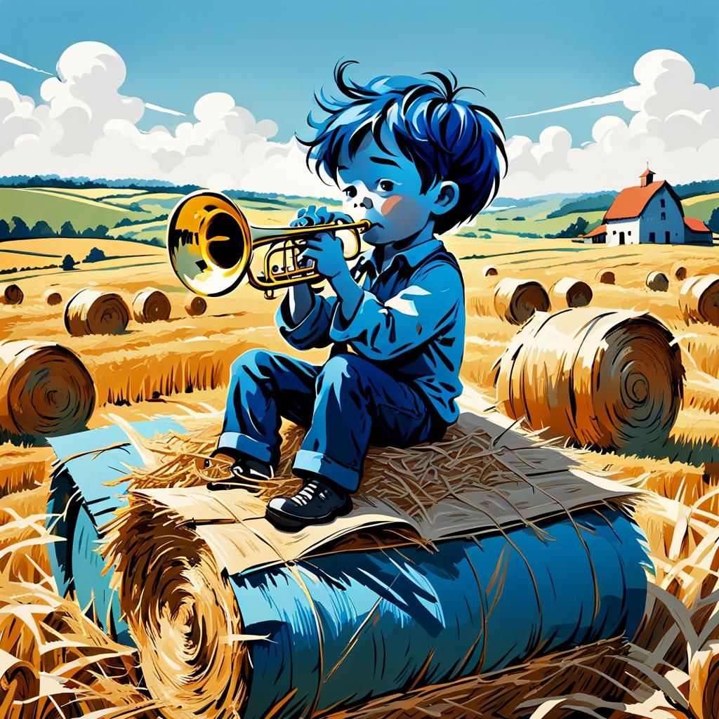 Blue Boy Trumpet Player on Haystack, Child's Book Art