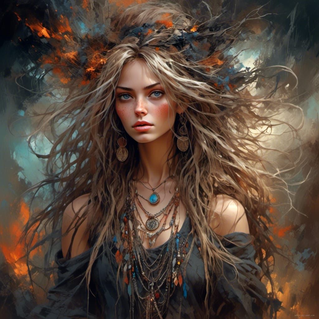 Boho Witch Woman in a Magical Landscape