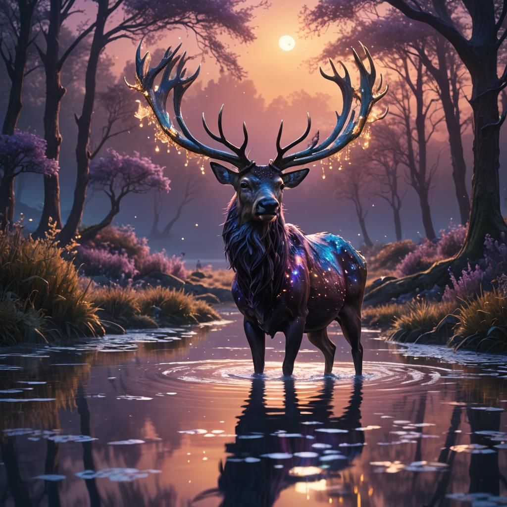 Starlight Stag Drinks at Dusk: Cinematic Digital Painting