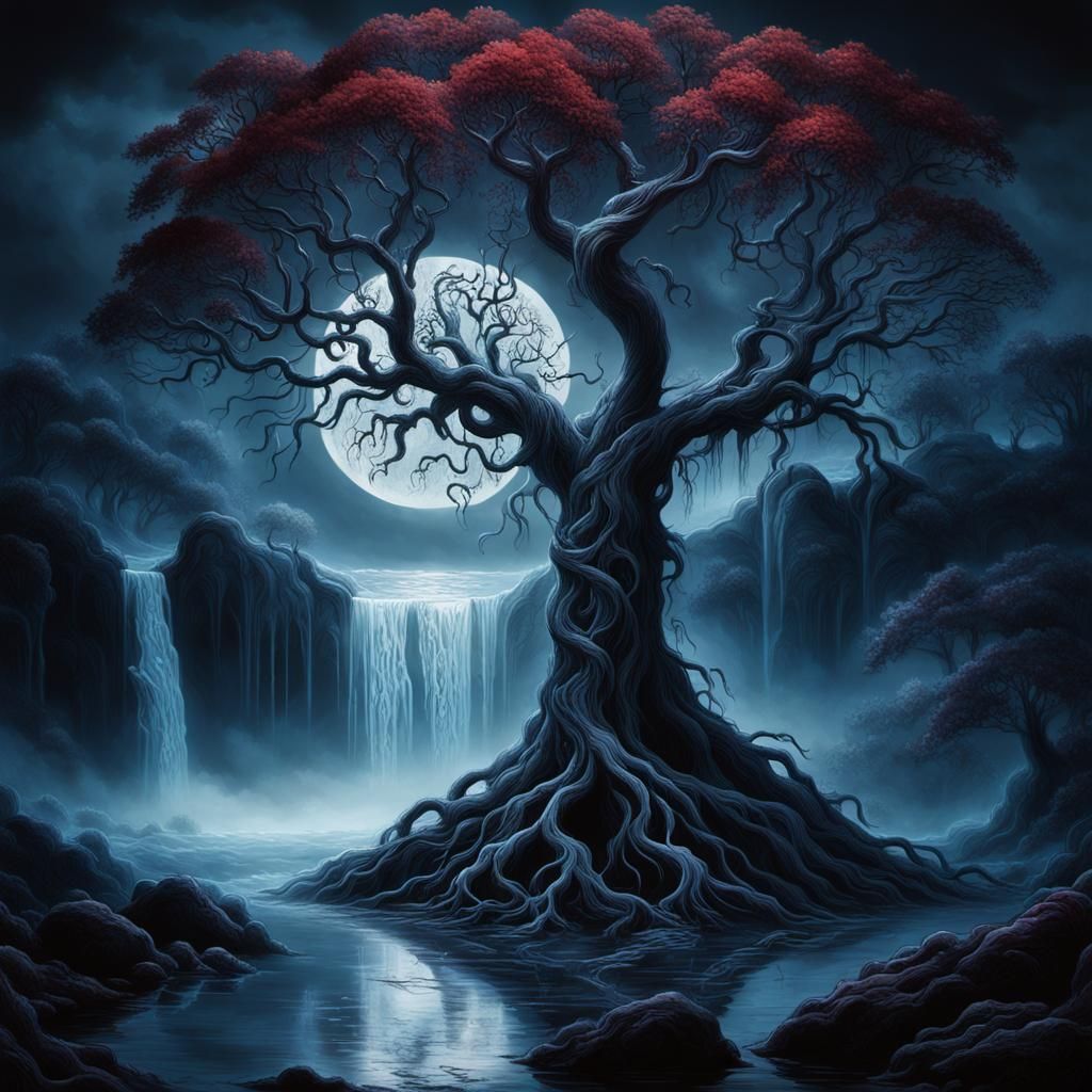 Eerie Tree of Life Under Moonlight