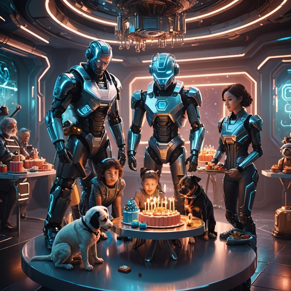 Futuristic Family Celebrates Dog Birthday in Sci-Fi Style