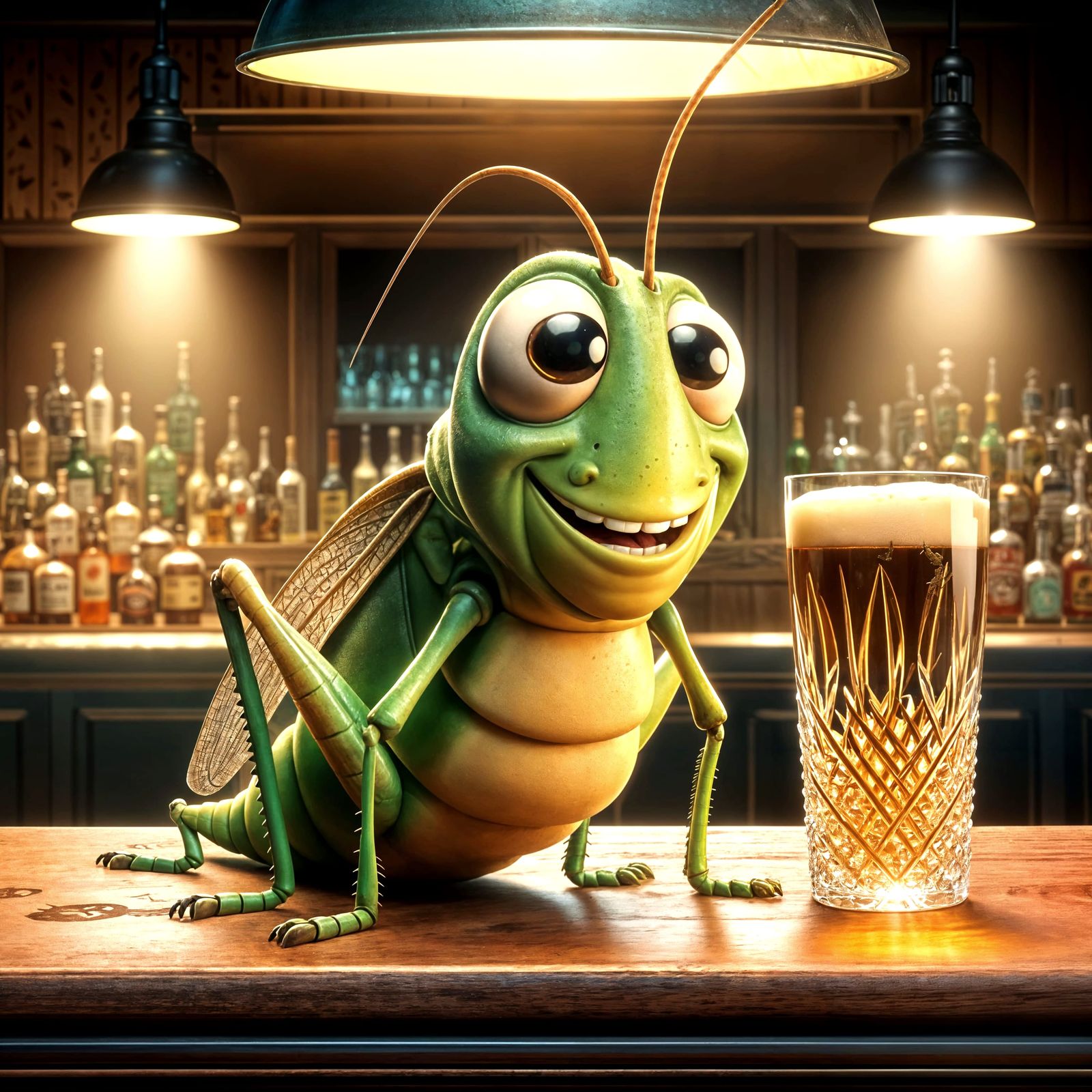 Comical Grasshopper at Tavern Bar in CGI Style