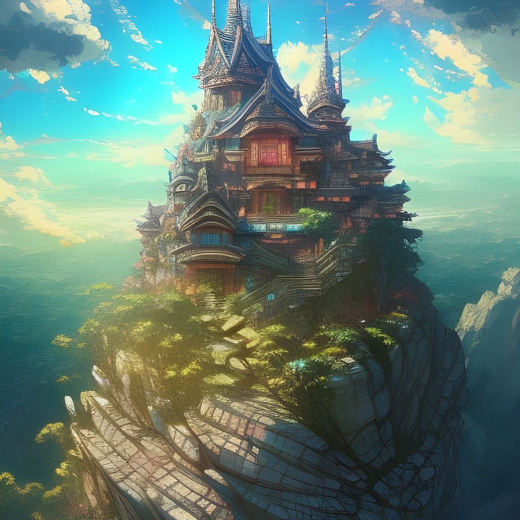 Detailed Temple on Rock Digital Illustration