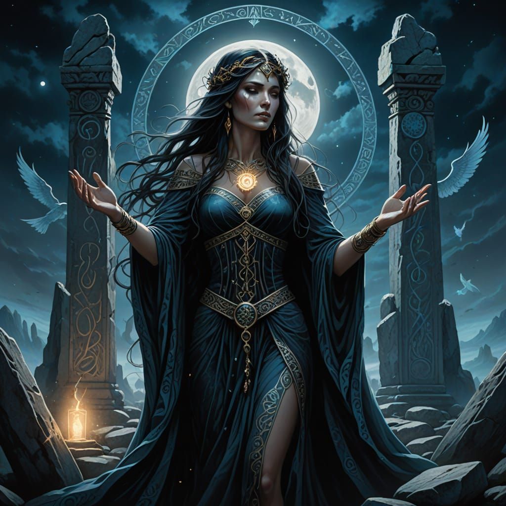 Enchantress Amidst Ancient Standing Stones in Midnight Velve...