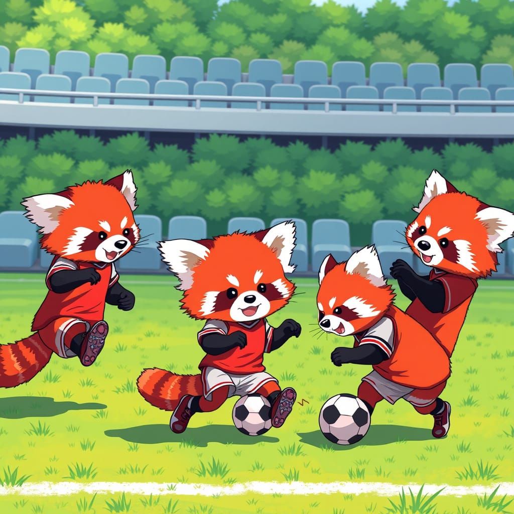 Red Pandas in Vibrant Soccer Match Anime Style