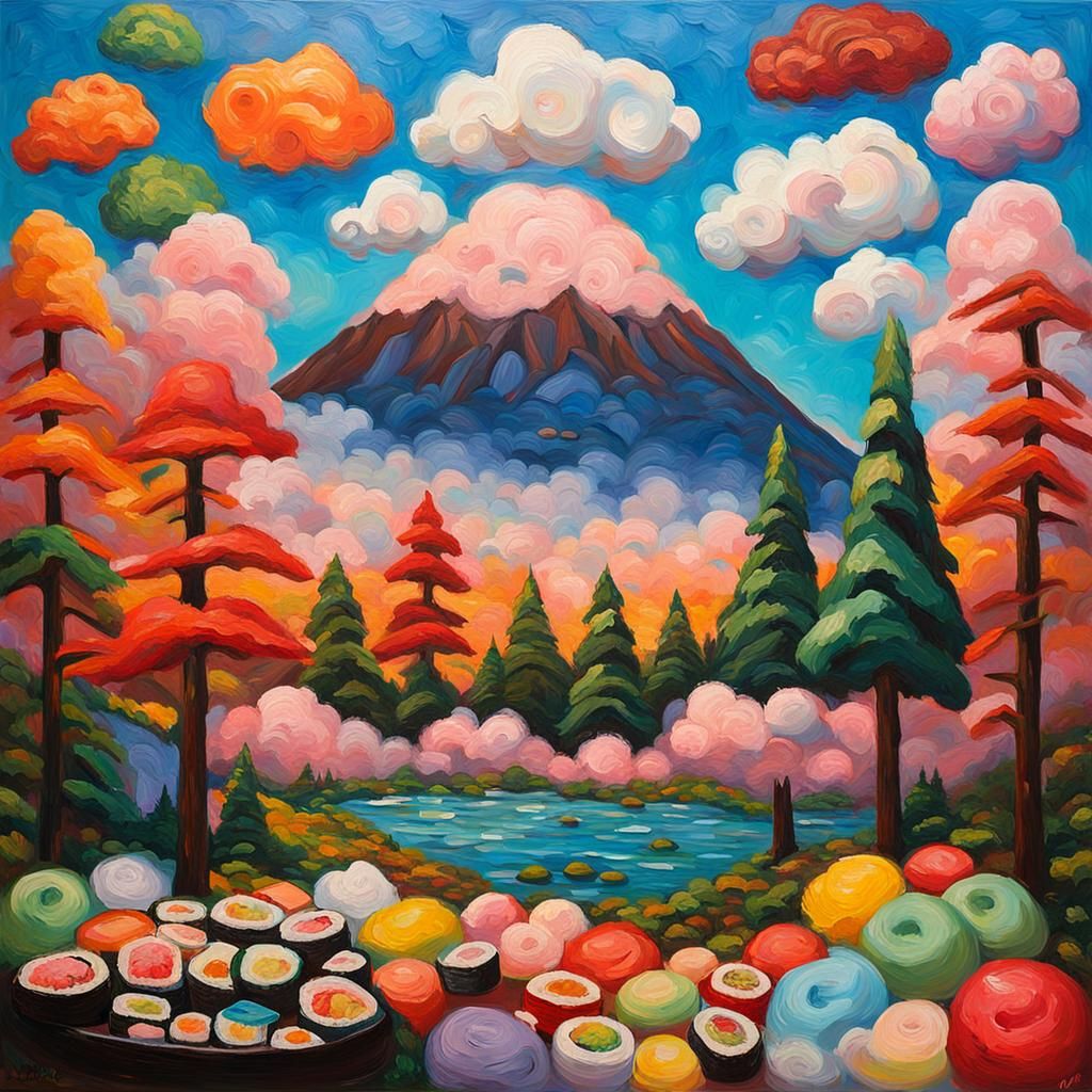 Surreal Sushi Forest with Candy Sky, Expressionist Oil Paint...