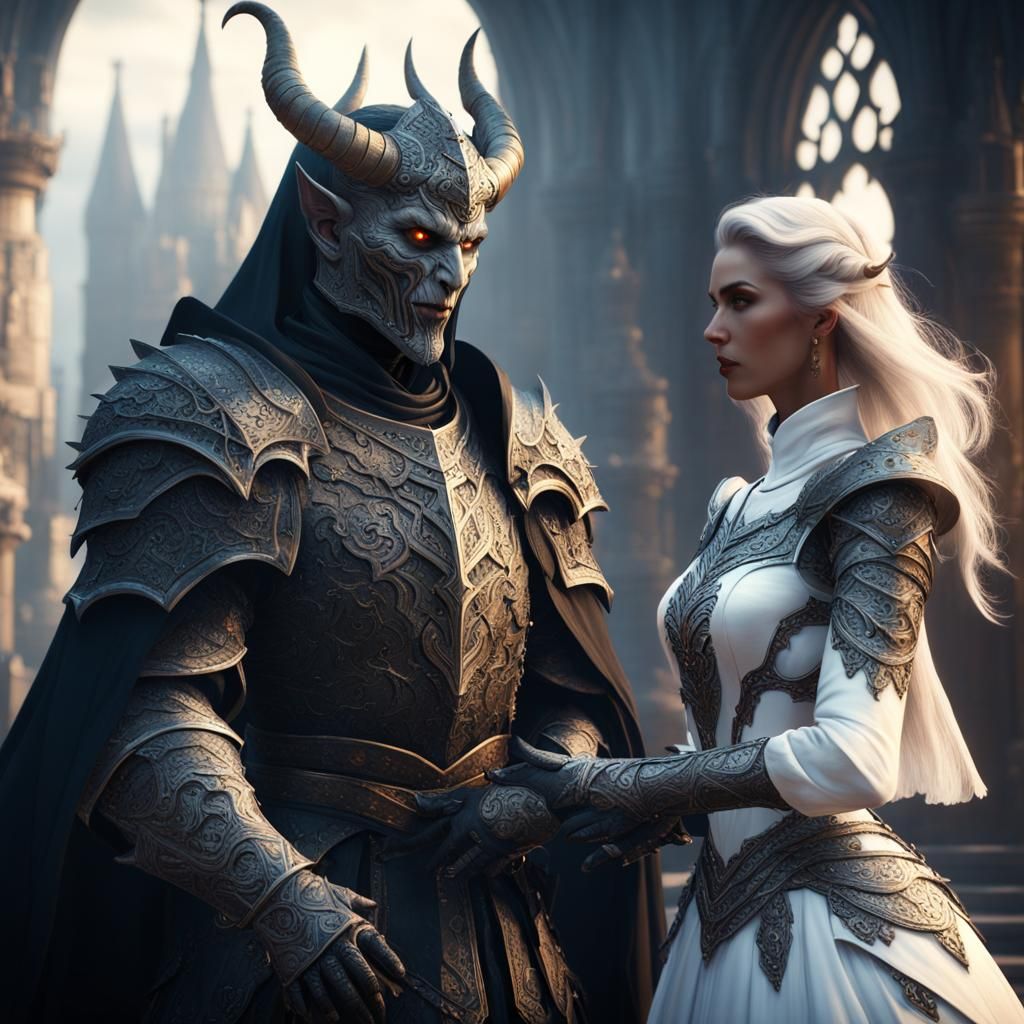 Demon in White Armor and Medieval Lady