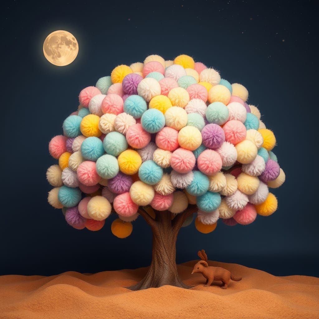 Pom-Pom Tree Under Moonlight, Dreamy Art