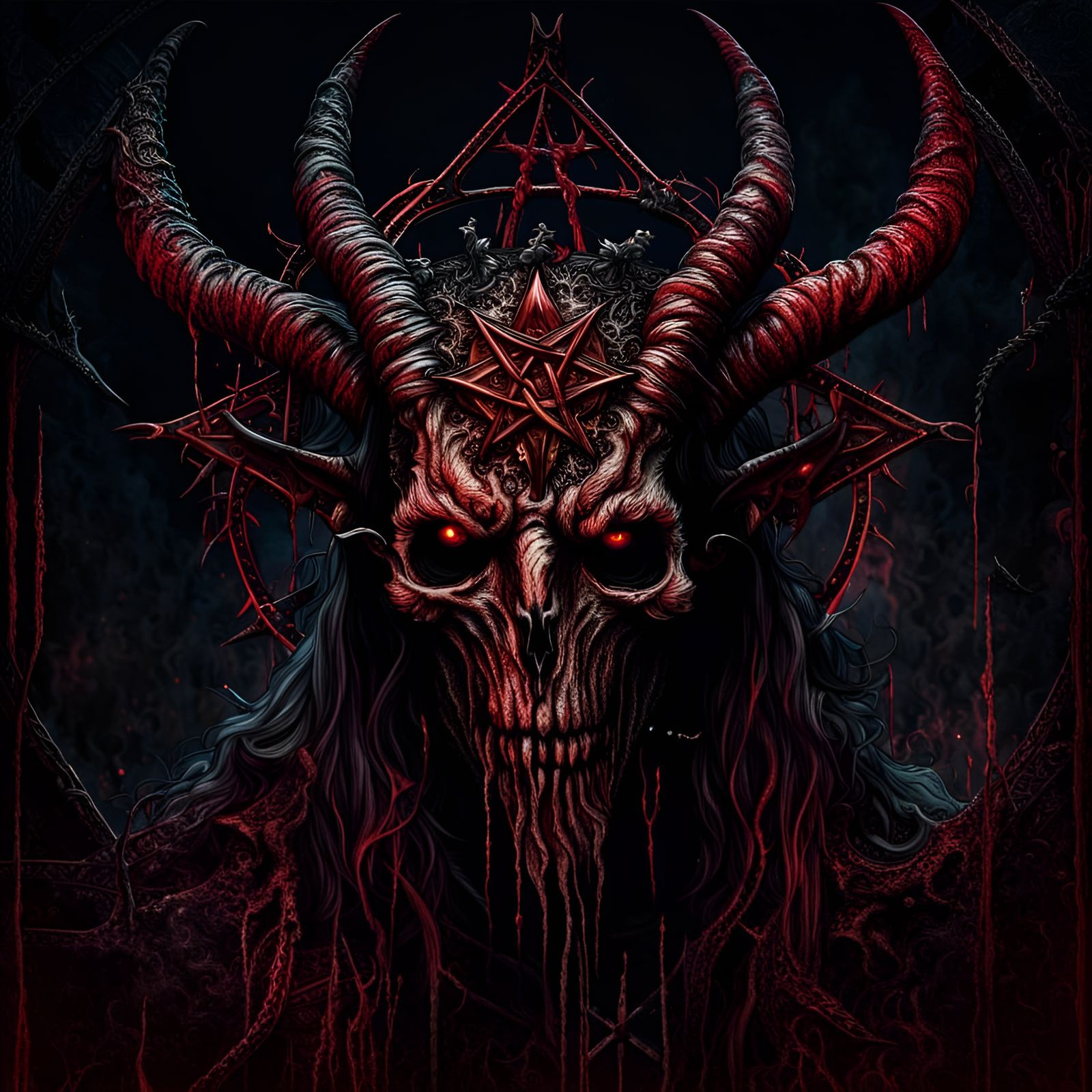 Sinister Goat Head with Pentagram in Black Metal Style