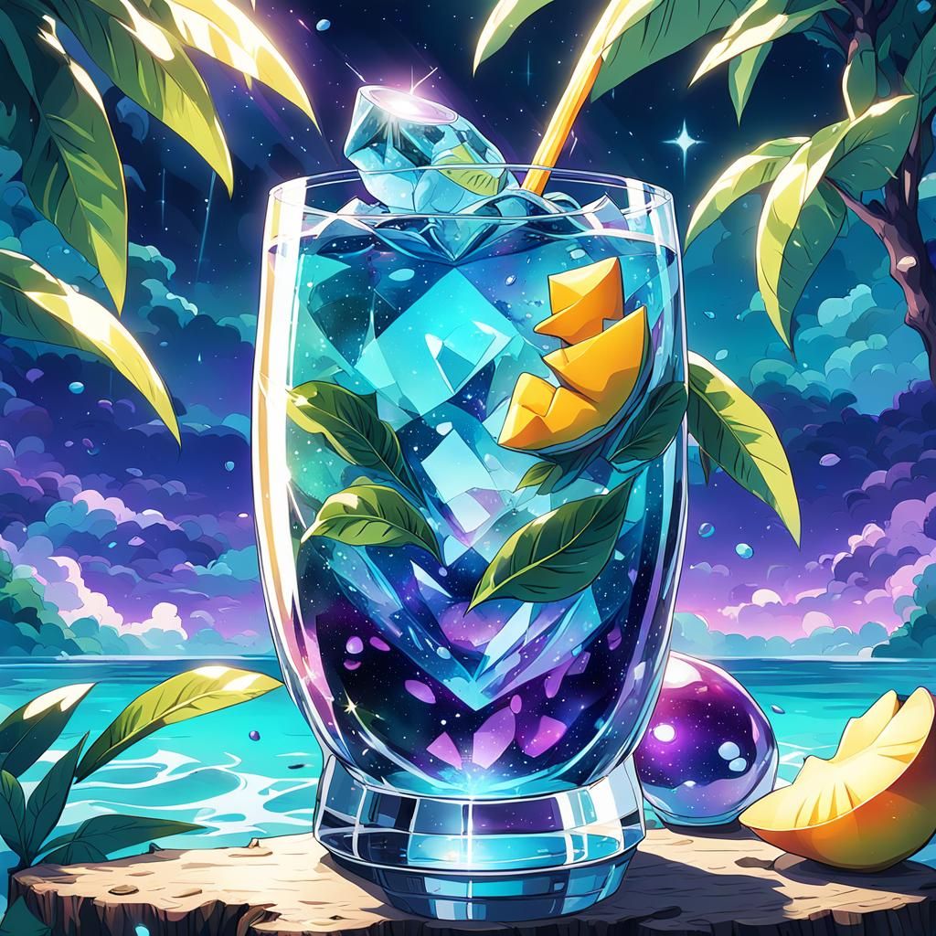 Vibrant Anime Fantasy World Inside a Glass Mango