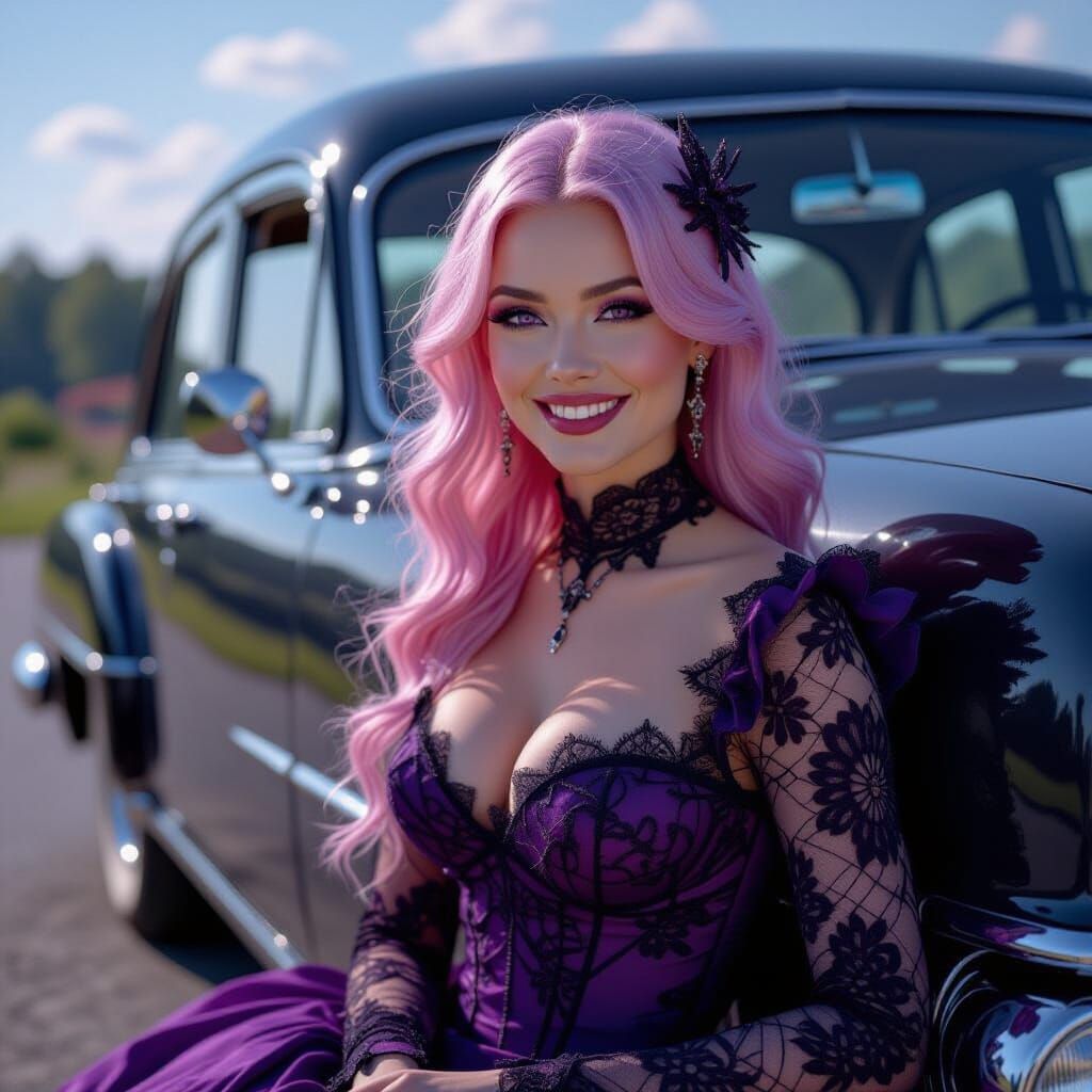Woman in Spiderweb Gown Leans on Hearse