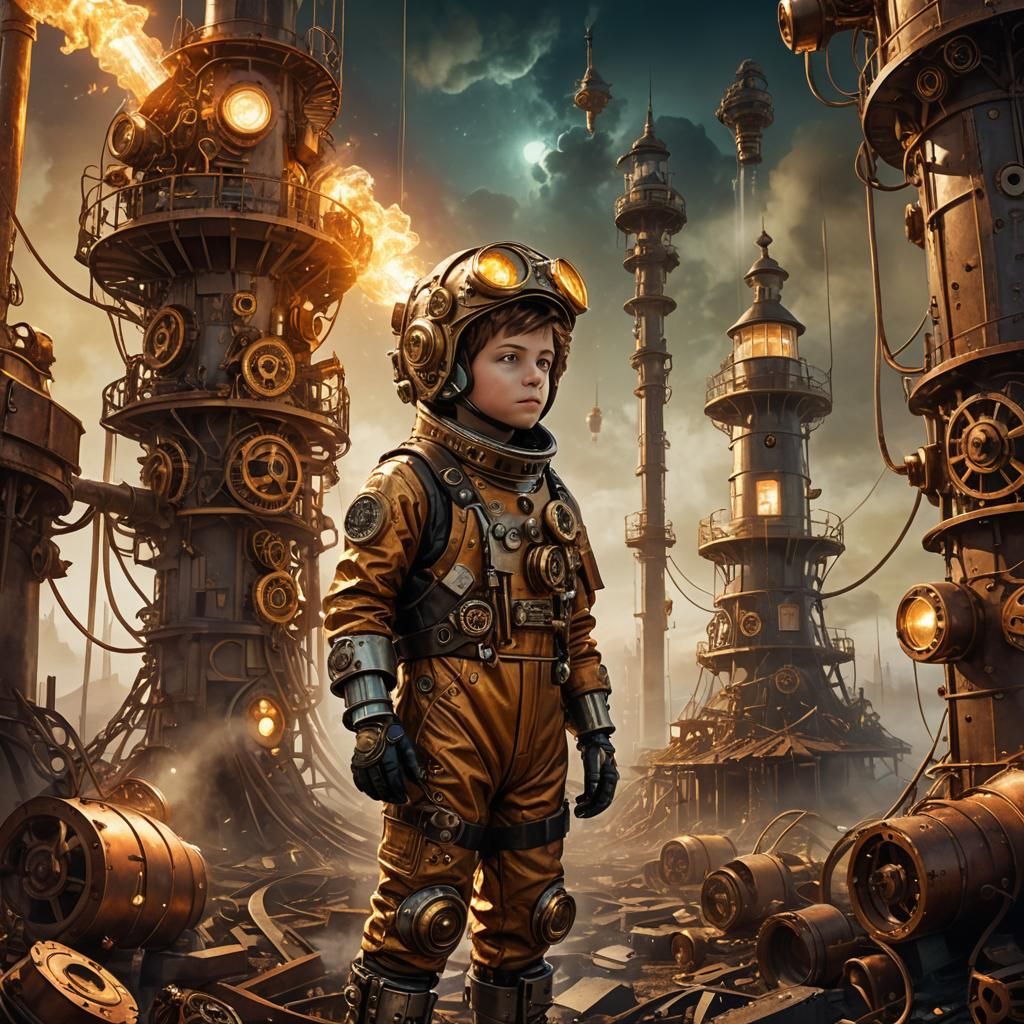 Steampunk Boy in Spacesuit Among Lighthouse Ruins