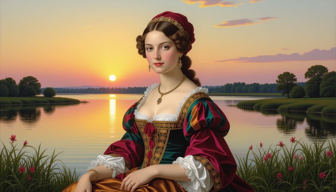 Renaissance Woman in a Vibrant Landscape