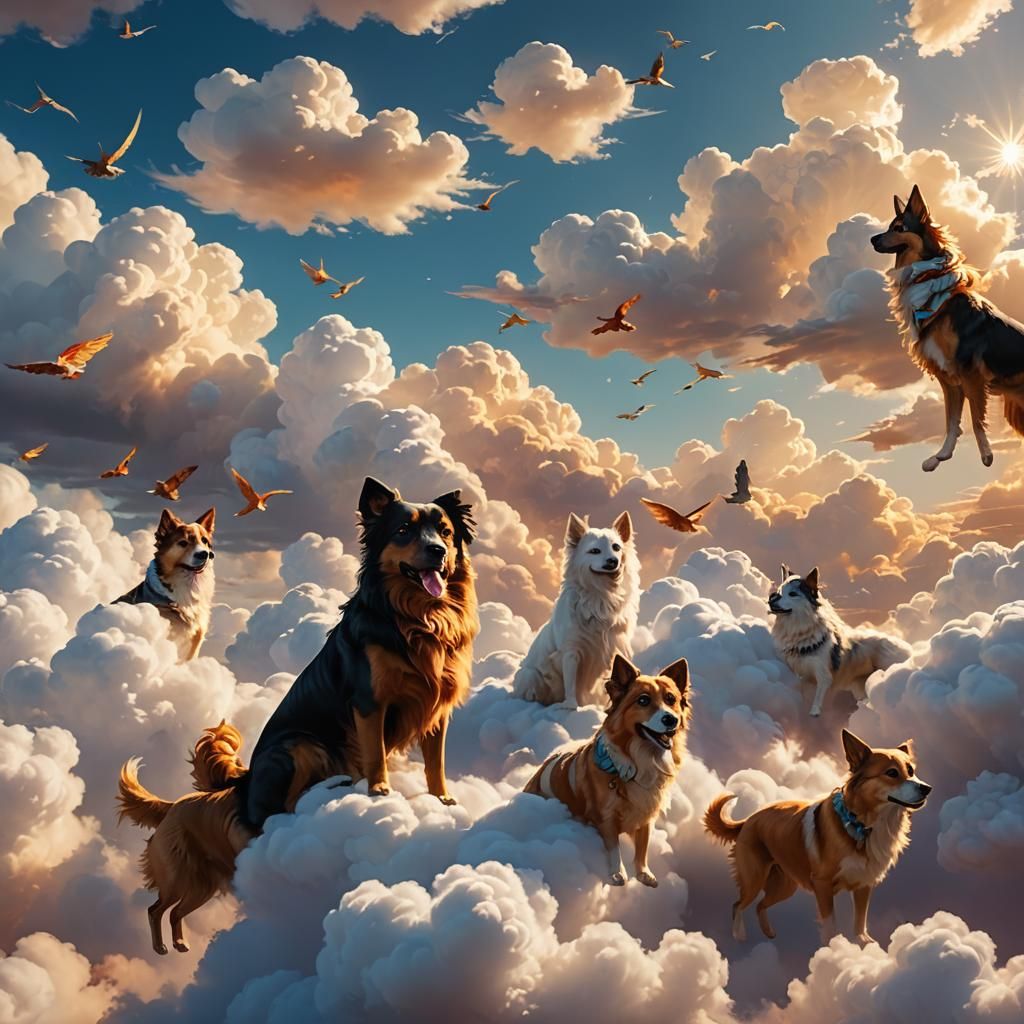 Dogs Floating on Clouds: Whimsical Digital Art