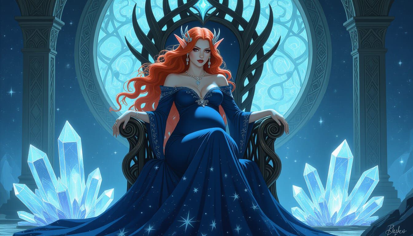 A pregnant tiefling queen with long, flowing red hair sits o...