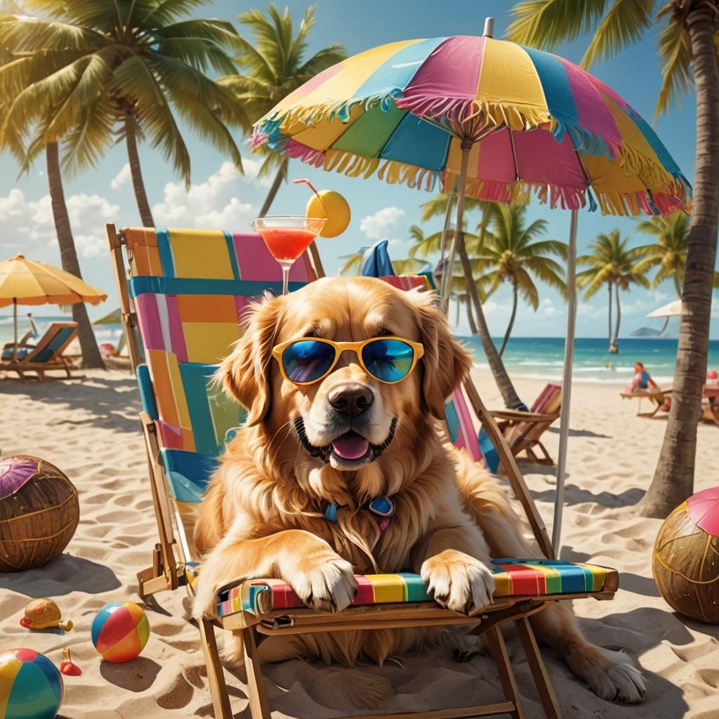 Golden Retriever Lounging on Beach in Sunglasses