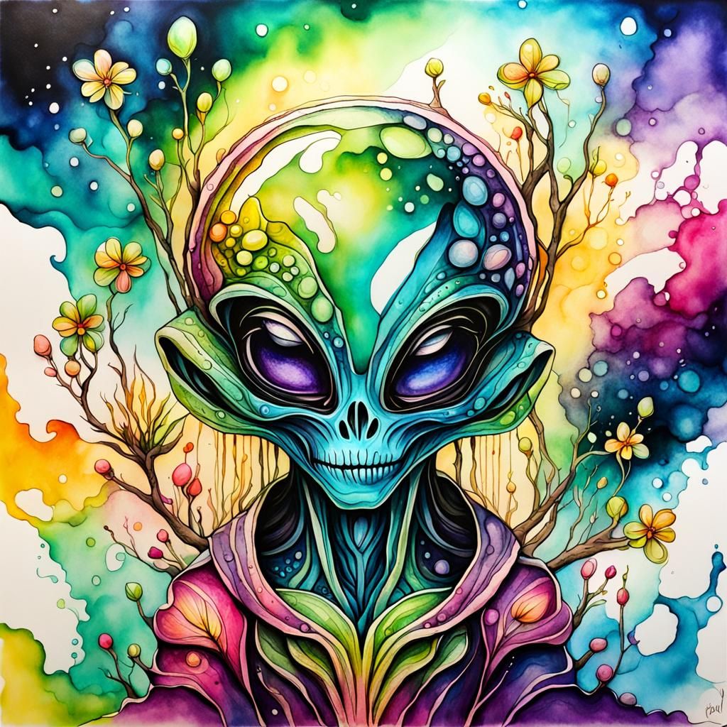 Martian Alien Blossom in Alcohol Ink Style