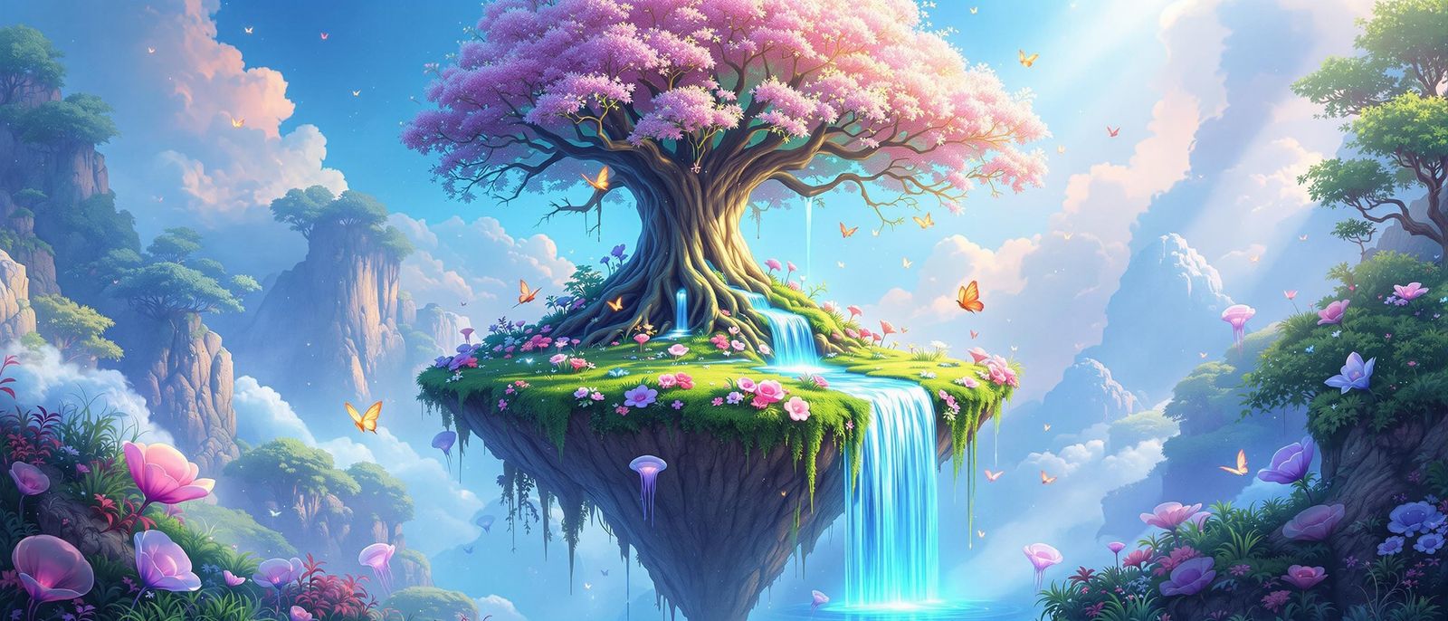Floating Island with Rainbow Flowers and Waterfall