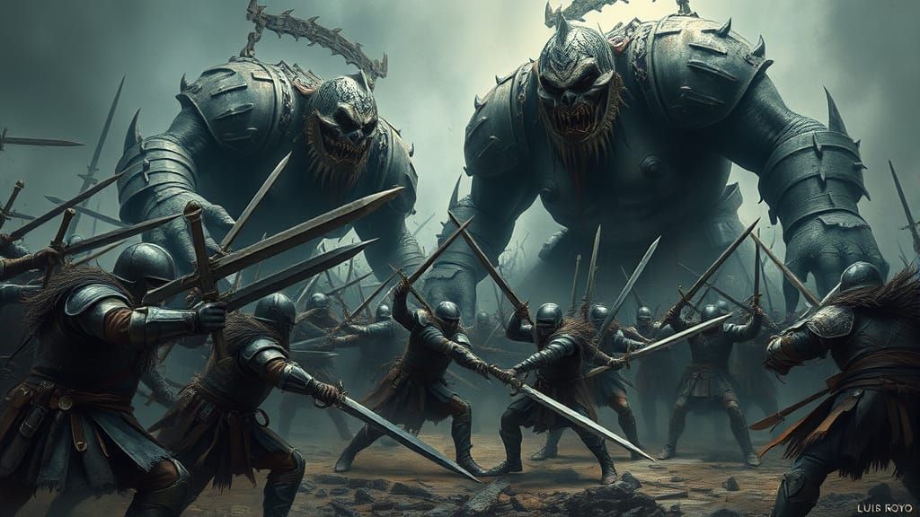 Gritty Dark Fantasy Battle Scene with Colossal Kreest Giants