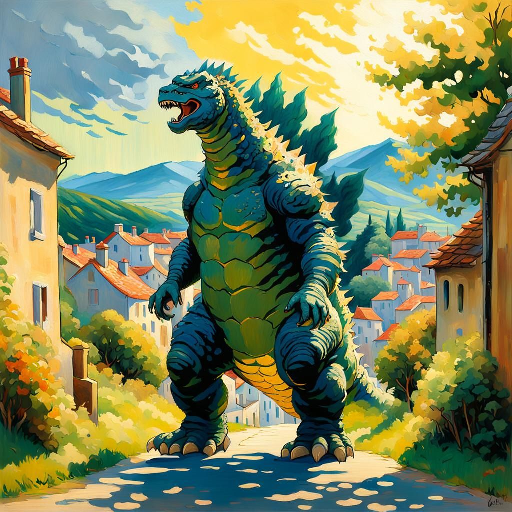Godzilla in French Village as Impressionist Painting