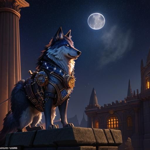 Steampunk Wolf Under Starry Night Sky