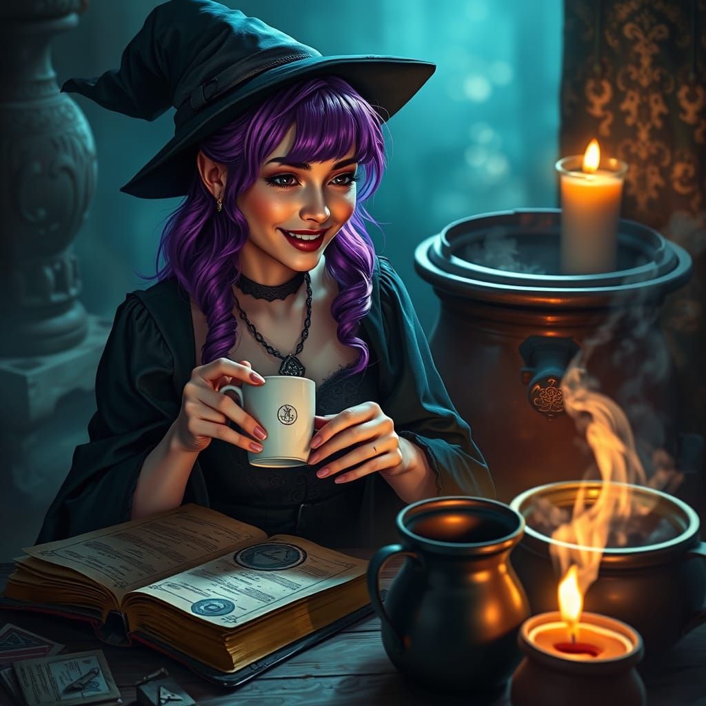 Modern Witch Brews Coffee Beside Spellbook