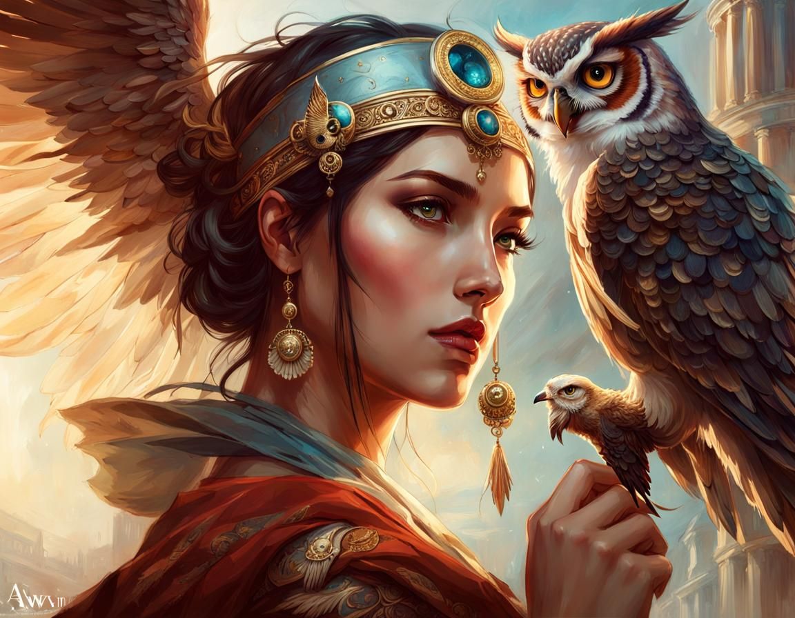 Pallas Athene with Owl: Digital Illustration