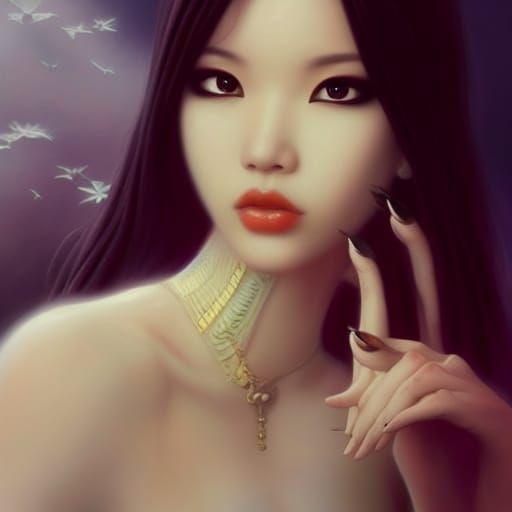 Ethereal Asian Goth Woman in Misty Landscape