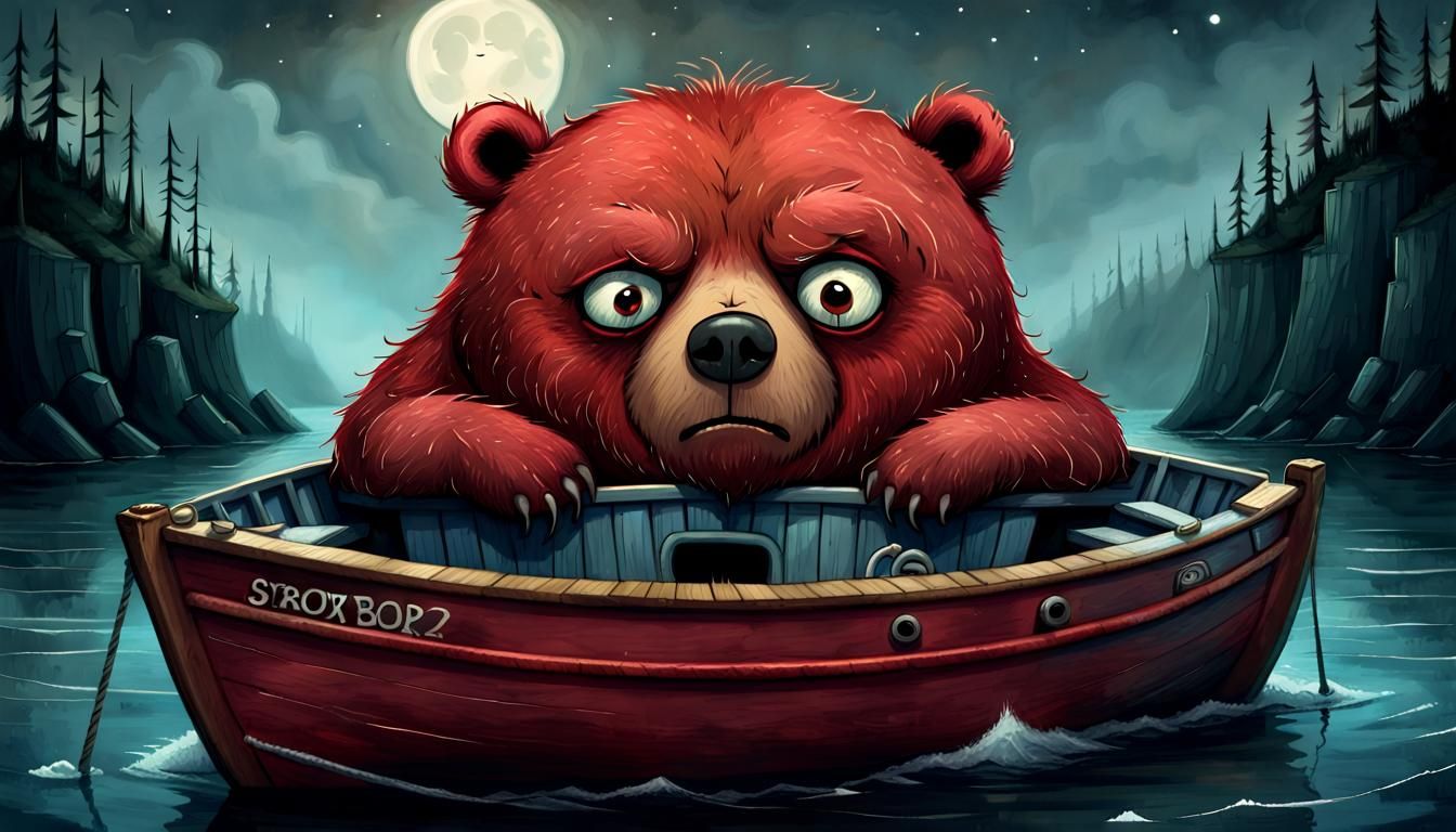 Frowning Red Bear on a Boat Storybook Illustration