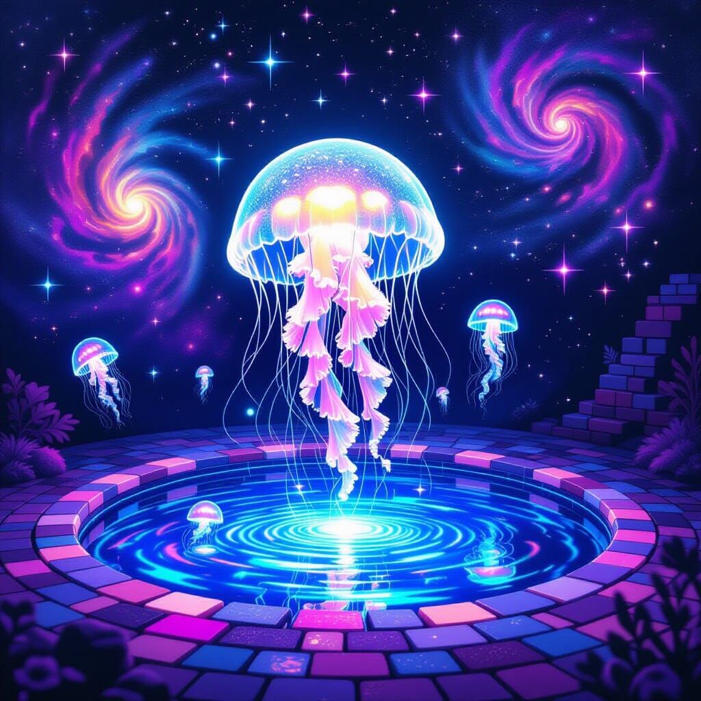 Cosmic Jellyfish Over Mirror Pool in Psychedelic Harmony
