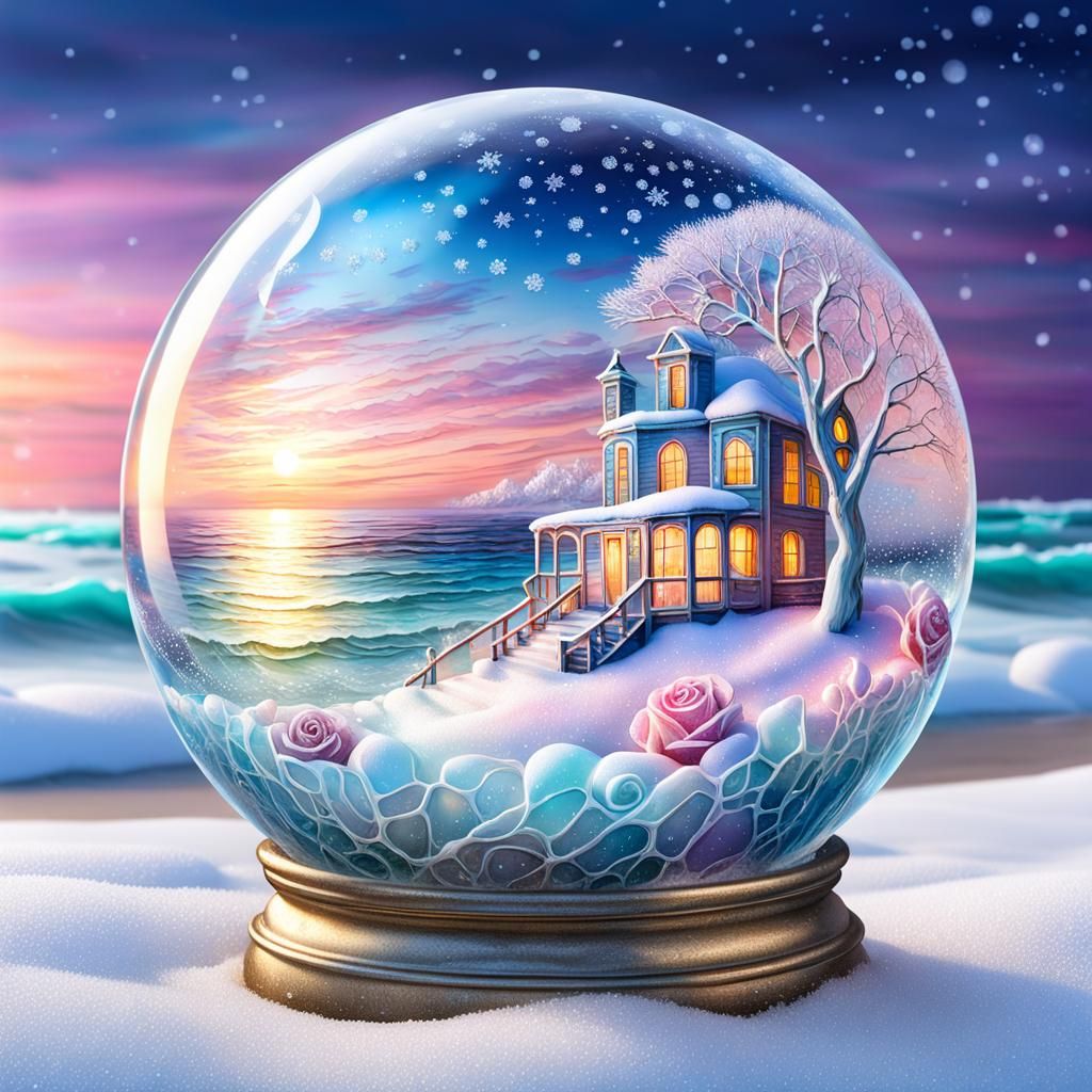 Moonlit Coast Glass Sphere with Roses and Shells