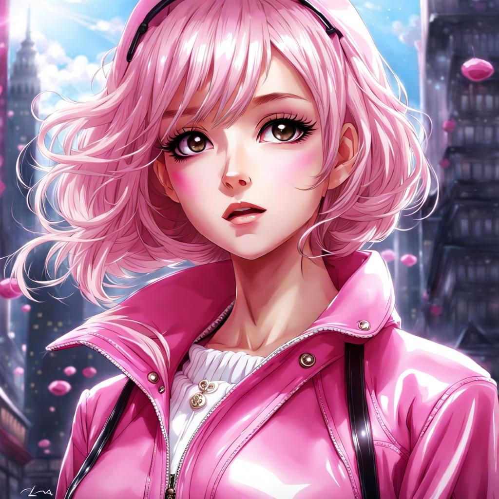 Pretty Anime Girl in Pink Latex Jacket