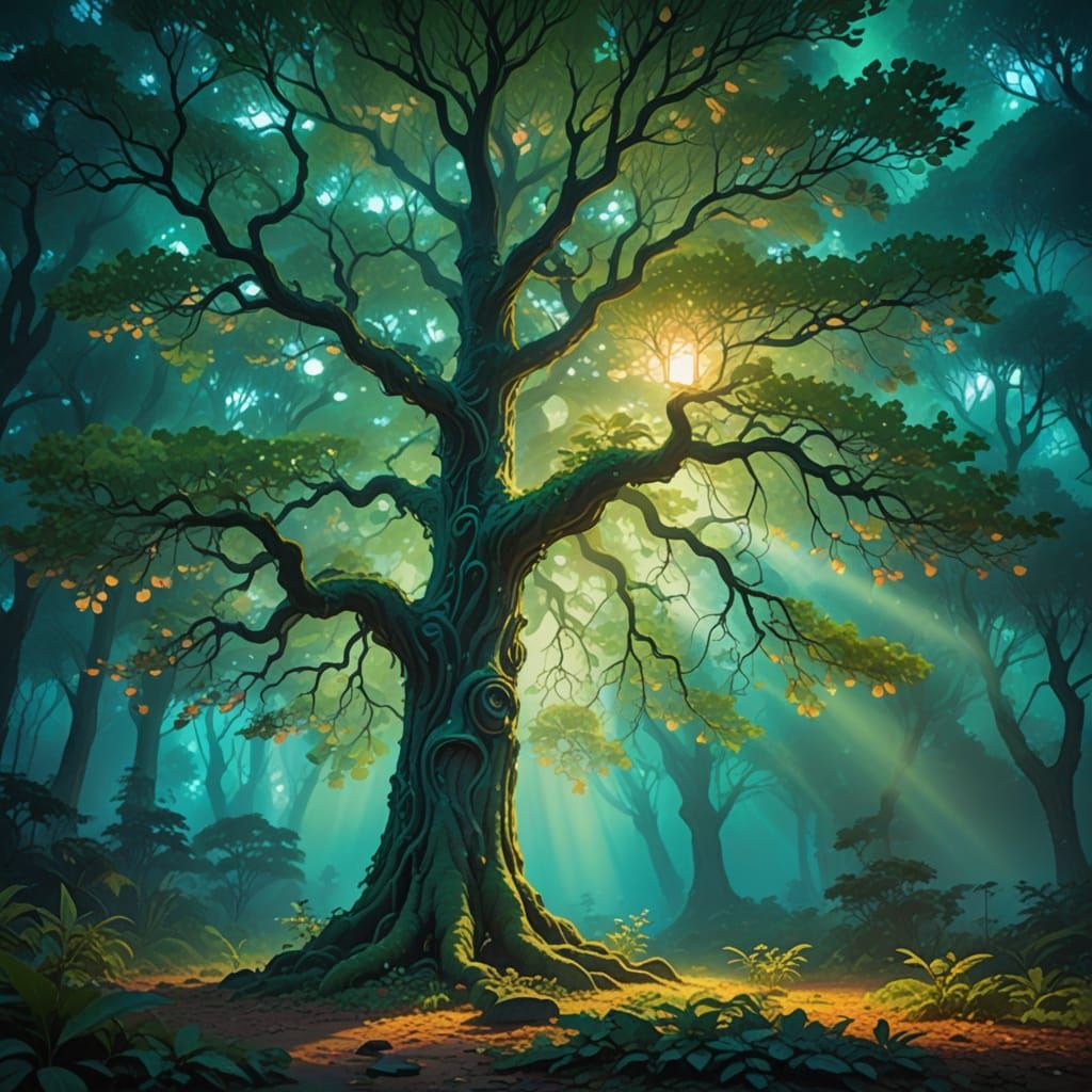 Mystical Forest Scene in Vibrant, Iridescent Colors