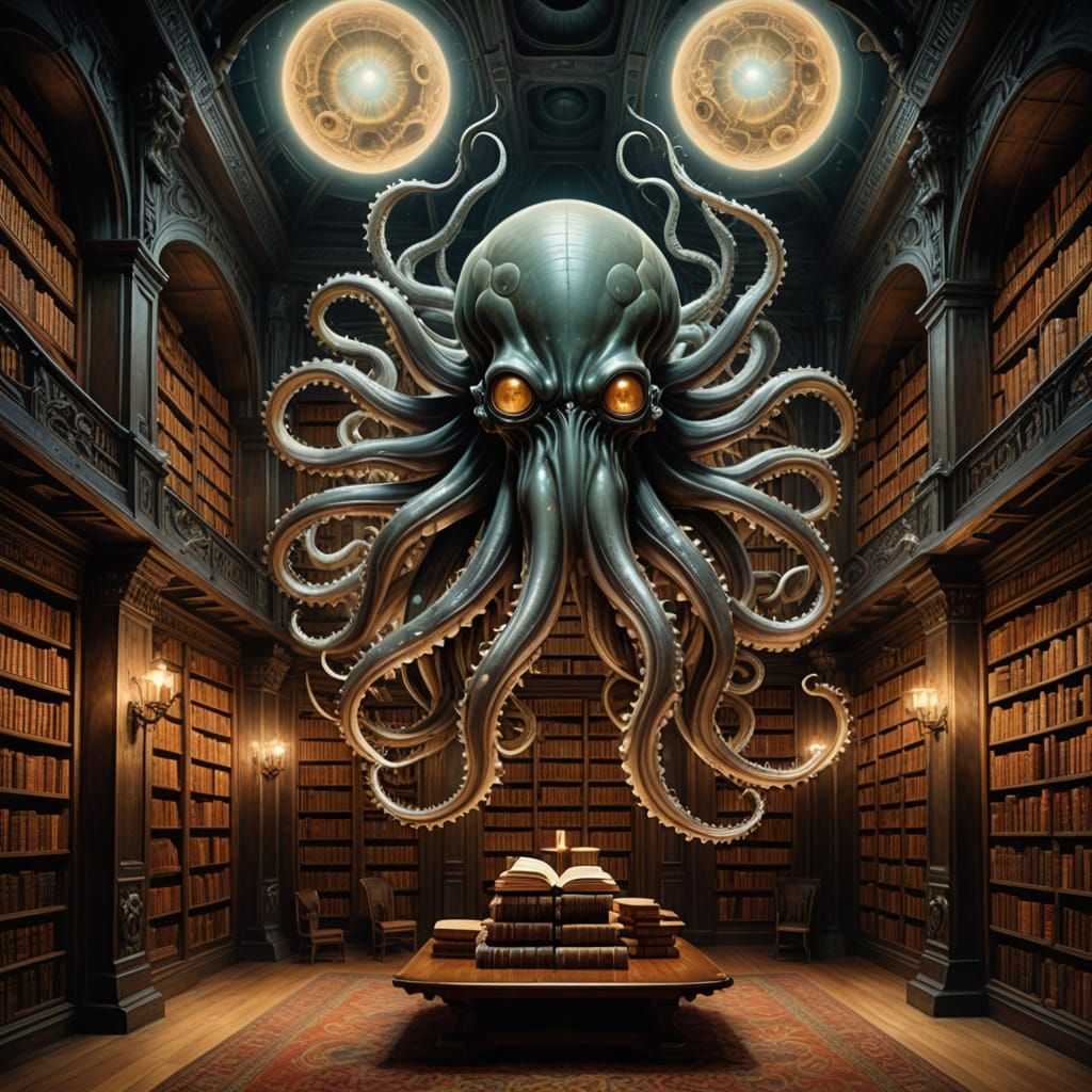 Surreal Oil Painting of a Giant Squid in a Dreamlike Library
